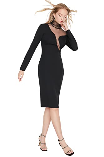 TRENDYOL Damen Regular A-Linie Rundhalsausschnitt Webstoff Kleid, Schwarz, 40 von TRENDYOL