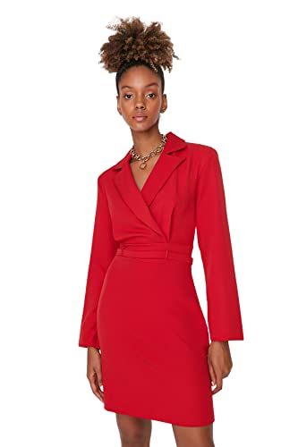 TRENDYOL Damen Regular Bodycon V-Ausschnitt Webstoff Kleid, Rot, 34 von TRENDYOL