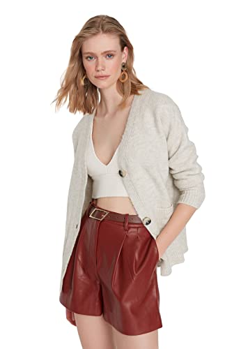 TRENDYOL Damen Einfarbige Strickjacke mit V-ausschnitt Pullover, Greige, M EU von TRENDYOL