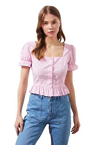 Trendyol Damen Vierkante kraagblouse met pussische knoop Blouse, Rosa, 34 EU von TRENDYOL