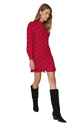 Trendyol Damen Regular Gerüschter Saum Rundhalsausschnitt Webstoff Kleid, Rot, 36 EU von TRENDYOL