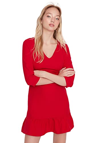 Trendyol Damen Regular Gerüschter Saum V-Ausschnitt Webstoff Kleid, Rot, 42 von TRENDYOL