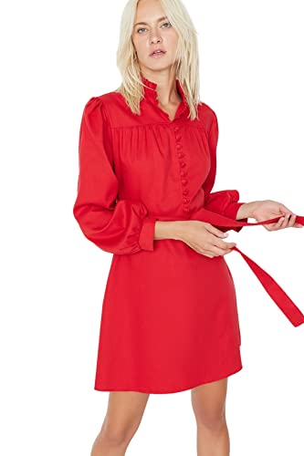 Trendyol Damen Regular Wickelschnitt Hemdblusenkragen Webstoff Kleid, Rot, 42 von TRENDYOL