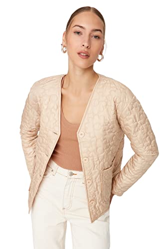 TRENDYOL Damen Regular Zweireihig Plain Webstoff Winterjacke Coat, Beige, L von TRENDYOL