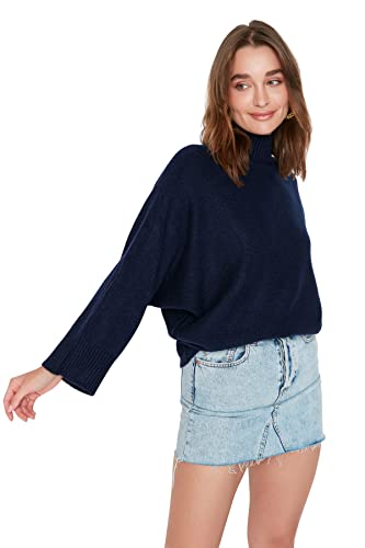 TRENDYOL Damen Rollkragenpullover, Einfarbig Sweatshirt, Navy Blau, L von TRENDYOL