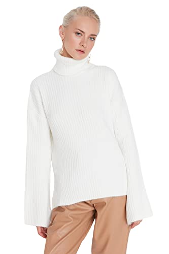 Trendyol Damen Rollkragenpullover, Einfarbig, Oversize Sweatshirt, Ecru, M von TRENDYOL