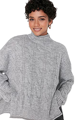 TRENDYOL Damen Rollkragenpullover, Einfarbig Sweatshirt, Grau, L von TRENDYOL