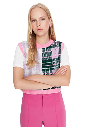 TRENDYOL Damen Rundhalsausschnitt Colorblock Figurbetont Strickweste Sweater, Rosa, L EU von TRENDYOL