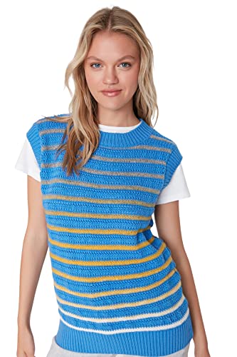 TRENDYOL Damen Rundhalsausschnitt Gestreift Regular Strickweste Sweater, Blau, M EU von TRENDYOL