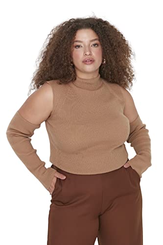 TRENDYOL Damen Rundhalsausschnitt Unifarben Figurbetont Größen in Bluse Shirt, Brown, XXL von TRENDYOL