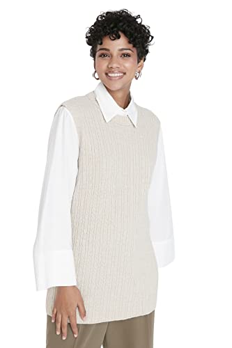TRENDYOL Damen Rundhalsausschnitt Unifarben Regular Pullover Weste Sweater, Beige, 36 von TRENDYOL