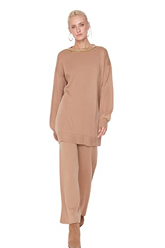 Trendyol Damen Sets, flach, gewebt, bescheidene Ober-und Unterteile Aufeinander abgestimmtes Outfit, Camel, 46 von TRENDYOL