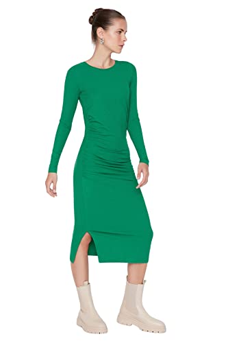 TRENDYOL Damen Shirred And Wry Knitted Dress Kleid, Smaragdgrün, S EU von TRENDYOL