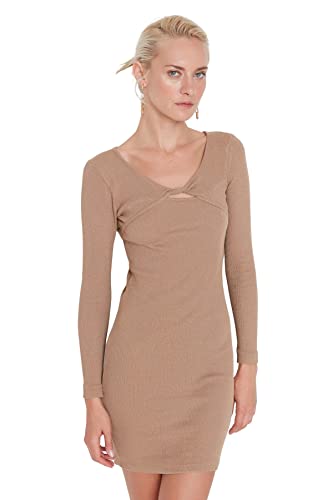 Trendyol Damen Shirring Detailed midi Wick Knitted Dress Kleid, Camel, Medium von TRENDYOL