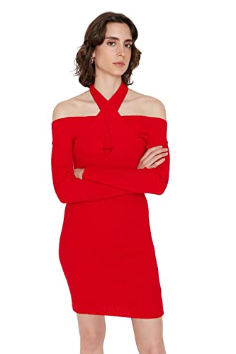 TRENDYOL Damen Slim Bodycon Choker High Neck Strickware Kleid, Rot, L von TRENDYOL