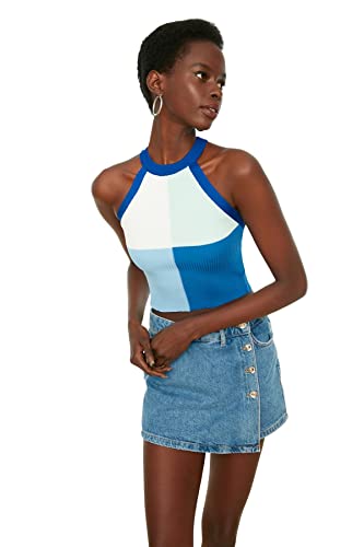 TRENDYOL Damen Slim Bodycon Rundhals Gewebte Bluse Hemd, Blau, L von TRENDYOL