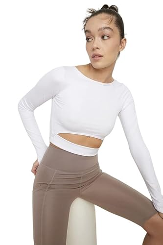 Trendyol Damen Sportswear Crop Standard Rundhals Strickbluse Hemd, weiß, Small von TRENDYOL