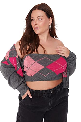TRENDYOL Damen Square Collar Plaid Relaxed Cardigan Plus Size Pullover, Anthrazit, 4XL EU von TRENDYOL