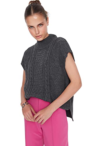 TRENDYOL Damen Stand-up Collar, Plain Colours, Regular Knitted Vest Sweater, Anthrazit, S EU von TRENDYOL