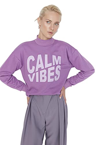 Trendyol Damen Stehkragen mit Spruch Regular Sweatshirt, violett, 42 von TRENDYOL