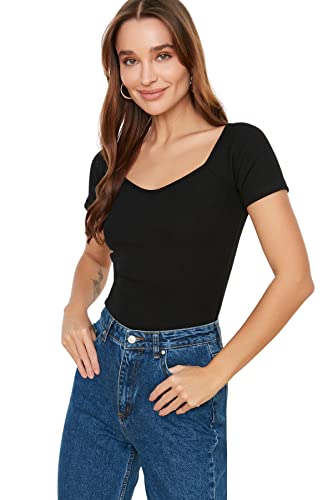 TRENDYOL Damen Strickbluse mit U-Ausschnitt Hemd, Schwarz, XS von TRENDYOL