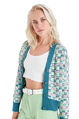 Trendyol Damen Strickjacke, Normale Passform, V-Ausschnitt, Strickwaren Pullover, Blau, S von TRENDYOL