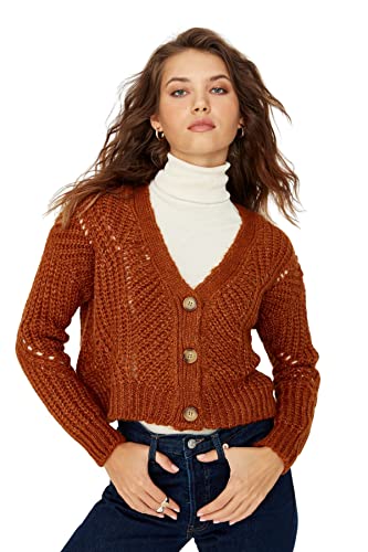 Trendyol Damen Regular Standard V-Ausschnitt Strickwaren Cardigan Pullover, Fliese, S von TRENDYOL