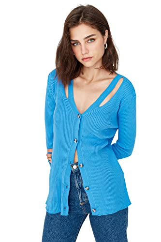 Trendyol Damen Strickjacke mit V-Ausschnitt, tailliert, Standardgröße Pullover, blau, S Trendyol Damen Strickjacke mit V-Ausschnitt, tailliert, Standardgröße Pullover, blau, S von TRENDYOL