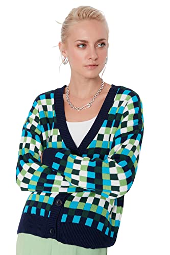 Trendyol Damen Strickjacke mit V-Ausschnitt und Muster, Oversize Pullover, Marineblau, M von TRENDYOL