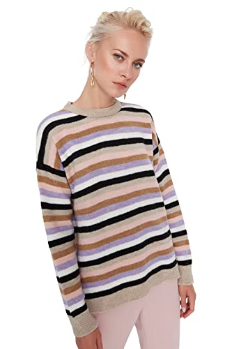 TRENDYOL Damen Striped Oversized Crew Neck Jumper Sweatshirt, Beige, S EU von TRENDYOL