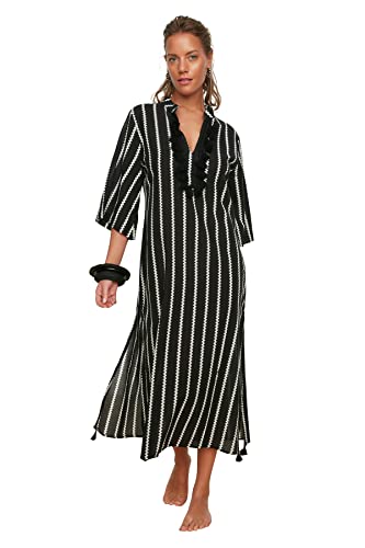 TRENDYOL Damen Striped Tassel Detailed and Gestreifter Quaste detaillierter Voile Kimono Kaftan, Schwarz, S EU von TRENDYOL