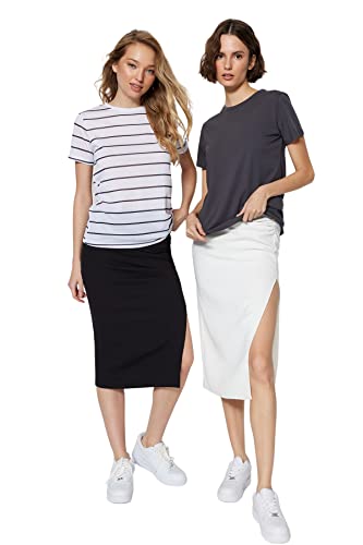 TRENDYOL Damen Trendyol Damen Basic Slim Standard Rundhals Woven T-shirt Hemd, Anthrazit/Mehrfarbig, S EU von TRENDYOL