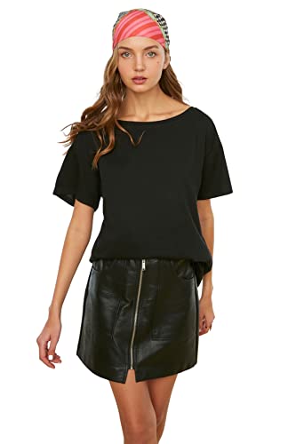 TRENDYOL Damen Trendyol Damen Basics Boyfriend Basic Asymmetrischer Kragen Knit T-shirt T-Shirt Lässig, Schwarz, XS von TRENDYOL