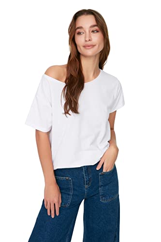 TRENDYOL Damen Trendyol Damen Basics Boyfriend Basic Asymmetrischer Kragen Knit T-shirt T-Shirt Lässig, Weiß, S von TRENDYOL