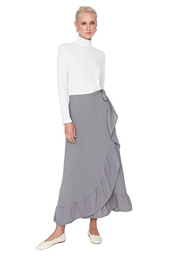 TRENDYOL Damen Trendyol Damen Design Midi Wickelschnitt Regular Webstoffürock Skirt, Grau, 42 EU von TRENDYOL