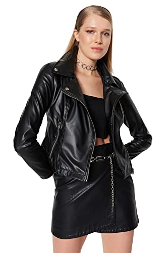 TRENDYOL Damen Trendyol Damen Figurbetont Bikerjacken Plain Webstoff Winterjacke Coat, Schwarz, M EU von TRENDYOL