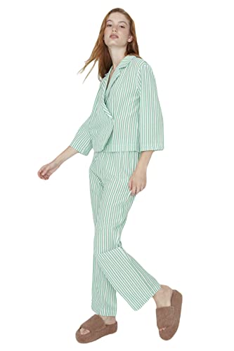 TRENDYOL Damen Trendyol Damen Gestreift Mitte Webstoff Hemd-hose Pyjama Pajama Set, Grün, 34 EU von TRENDYOL