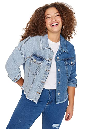 TRENDYOL Damen Trendyol Damen Große Größen Regular Basic Colorblock Webstoff Große Größen in Jacke Coat, Blau, 46 EU von TRENDYOL