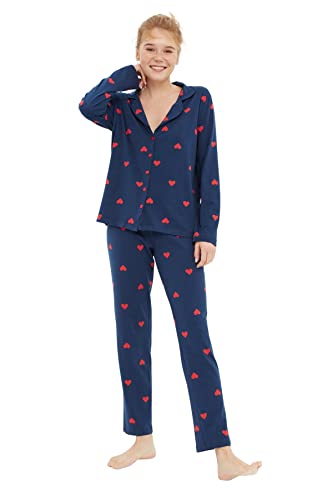 TRENDYOL Damen Trendyol Damen Herz Webstoff Pyjama Pajama Set, Marineblau, S EU von TRENDYOL