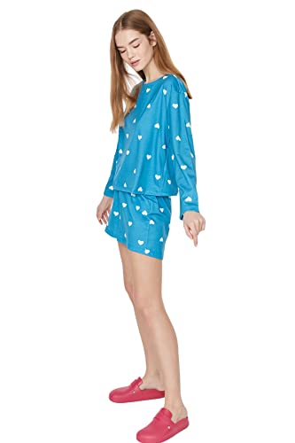 TRENDYOL Damen Trendyol Damen Landschaft Gestrickt T-shirt-shorts Pyjama Pajama Set, Indigoblau, S EU von TRENDYOL