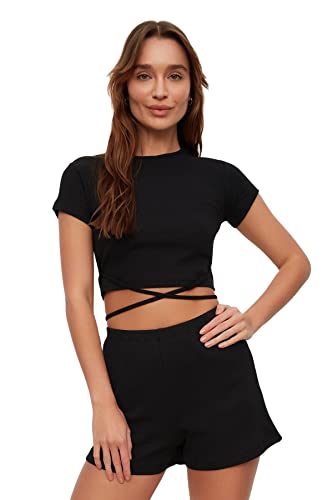 TRENDYOL Damen Trendyol Damen Loungewear Enganliegend, Figurbetont, Rundhalsausschnitt, Gewebte Bluse Hemd, Schwarz, S EU von TRENDYOL