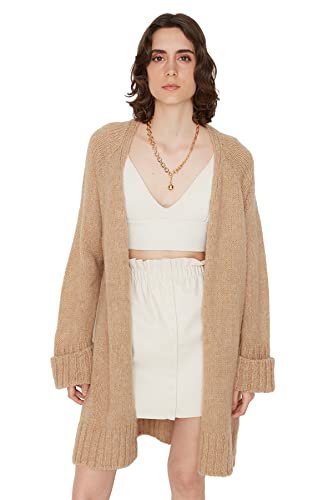 TRENDYOL Damen Trendyol Damen Loungewear Regular Poncho V-ausschnitt Strickwaren Strickjacke Pullover, Camelfarben, L EU von TRENDYOL