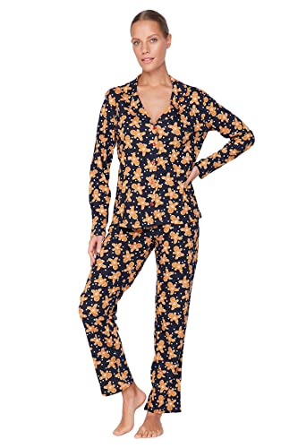 TRENDYOL Damen Trendyol Damen Muster Mitte Gestrickt Hemd-hose Pyjama Pajama Set, Marineblau, L EU von TRENDYOL