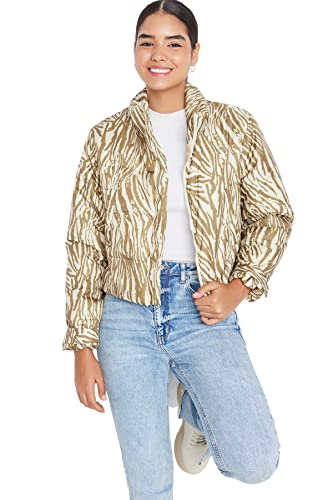 TRENDYOL Damen Trendyol Damen Oversize Puffer Animal Print Webstoff Winterjacke Coat, Beige/Mehrfarbig, S EU von TRENDYOL