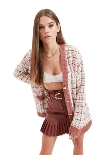 TRENDYOL Damen Trendyol Damen Oversize Standard V-ausschnitt Strickwaren Strickjacke Pullover, Dusty Rose, S-M EU von TRENDYOL