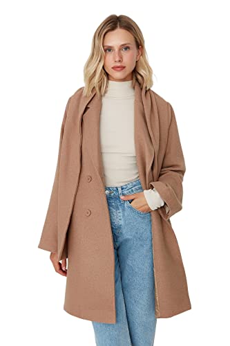 TRENDYOL Damen Trendyol Damen Oversize Wickelschnitt Plain Webstoff Mantel Coat, Camelfarben, 34 EU von TRENDYOL