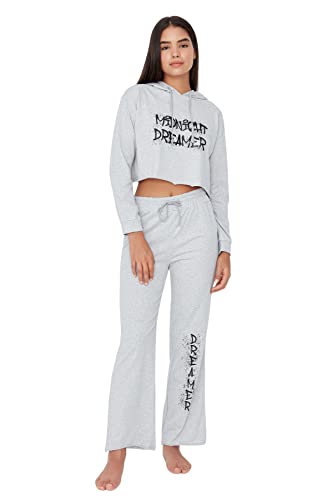 TRENDYOL Damen Trendyol Damen Print Mitte Gestrickt Pulli-hose Pyjama Pajama Set Hood Long Sleeve Gray Pajama Set, Gray, M von TRENDYOL