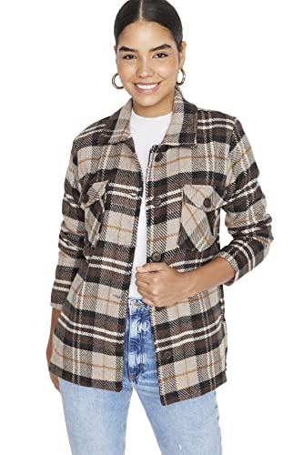 TRENDYOL Damen Trendyol Damen Regular Basic Plaid Webstoff Mantel Coat, Braun, 42 EU von TRENDYOL