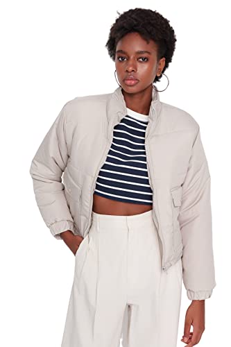 TRENDYOL Damen Trendyol Damen Regular Puffer With Slogan Webstoff Winterjacke Coat, Greige, XS EU von TRENDYOL