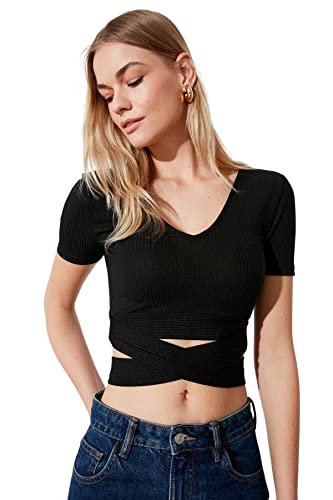 TRENDYOL Damen Trendyol Damen Regular Standard V Ausschnitt Gewebte Bluse Hemd, Schwarz, XS EU TRENDYOL Damen Trendyol Damen Regular Standard V Ausschnitt Gewebte Bluse Hemd, Schwarz, XS EU von TRENDYOL